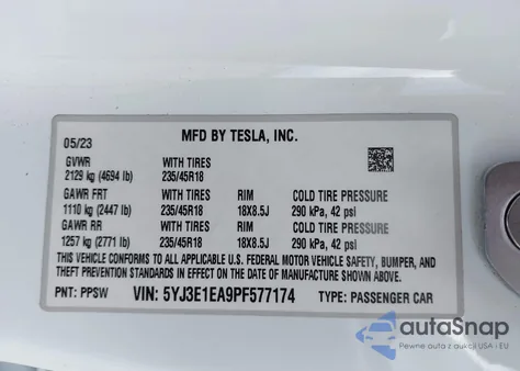 2023 Tesla Model 3 Rear-Wheel Drive z USA, uszkodzony, nr VIN 5YJ3E1EA9PF577174